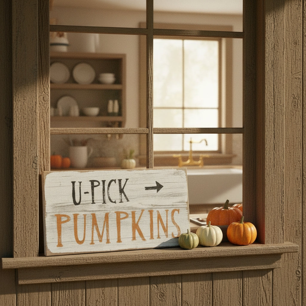 Wooden sign with 'U-Pick Pumpkins' text on a rustic wooden surface with foliage.