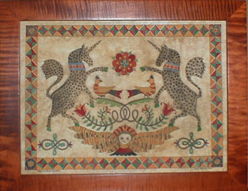 Framed reproduction fraktur print featuring two spotted unicorns with two birds and an angel