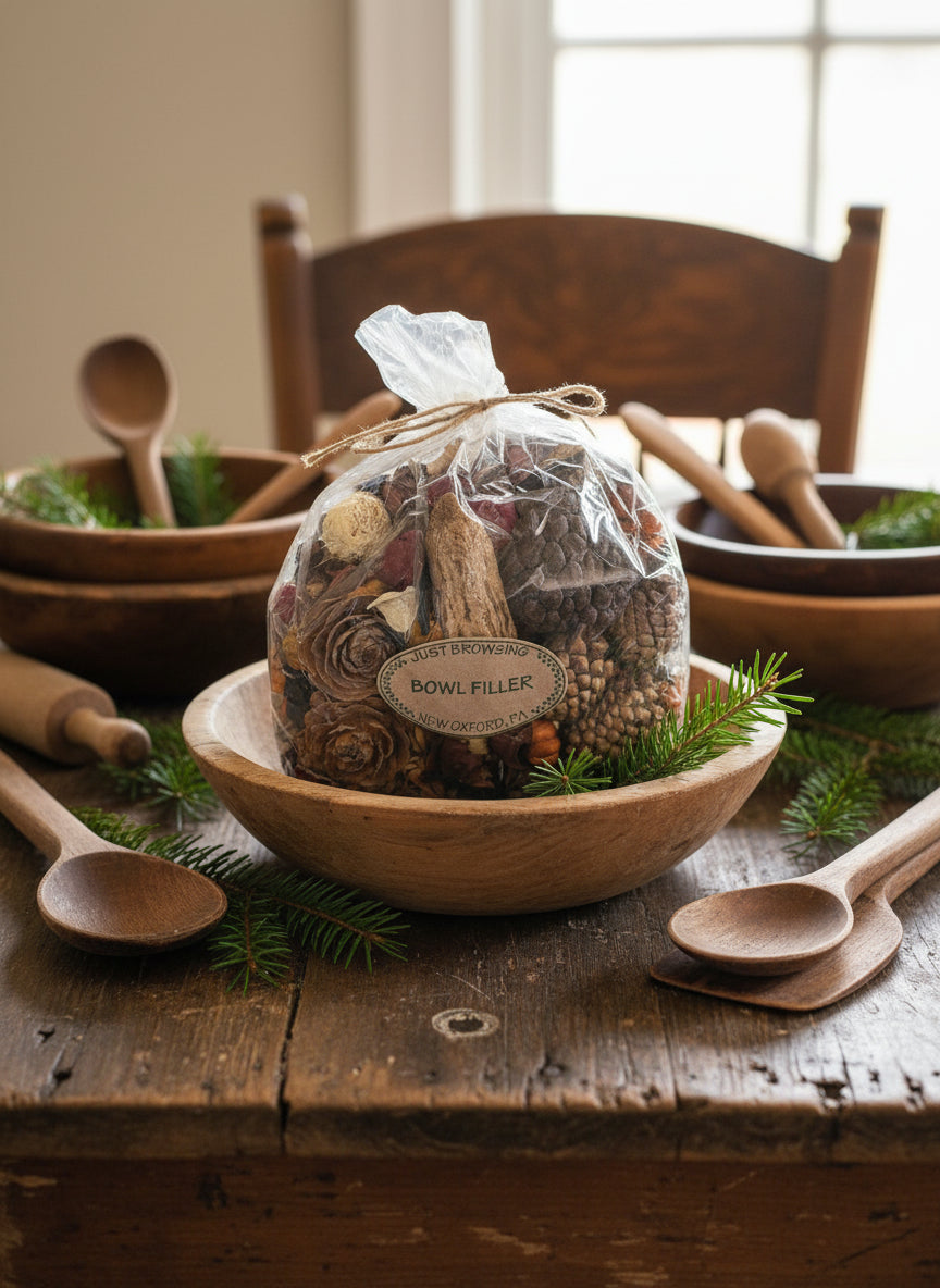 Bowl filler package in a wooden bowl on a rustic wooden table with greenery and wooden spoons.