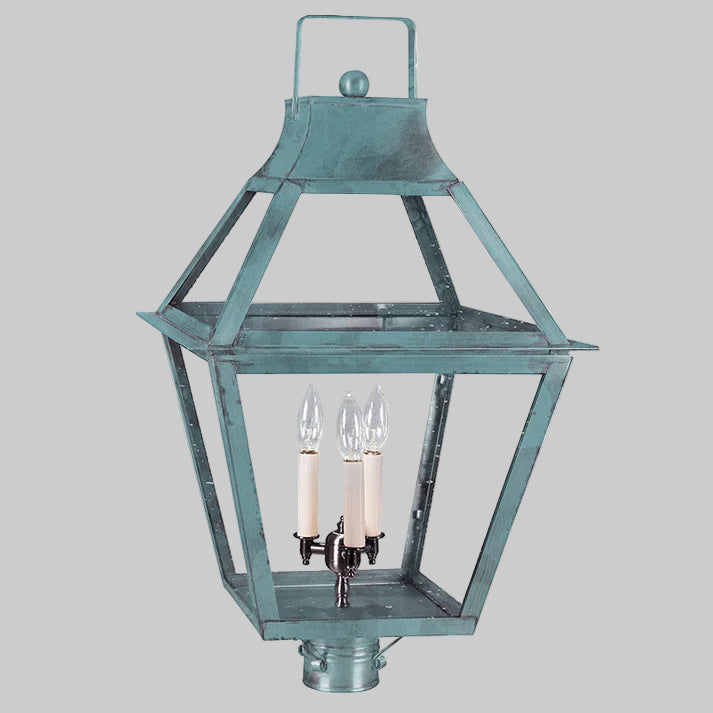 Vintage-style lantern with three light bulbs on a gray background