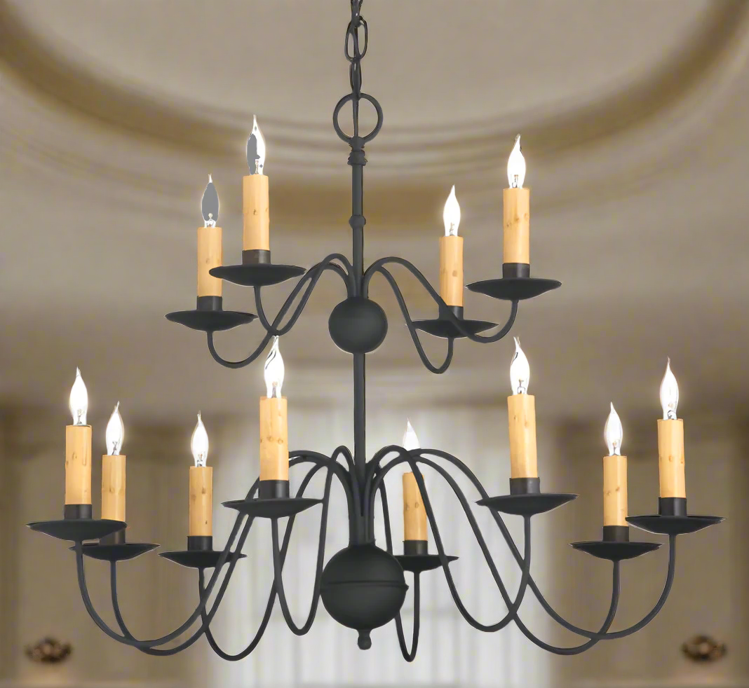 A black wrought iron chandelier with a double tier design, featuring 12 hanging lights with a unique shape and style.