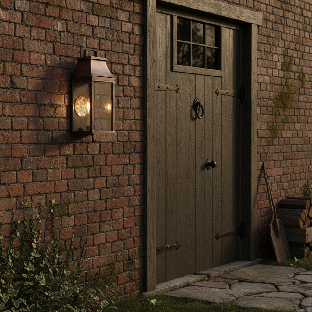 Wooden door with a wall-mounted light fixture on a brick wall