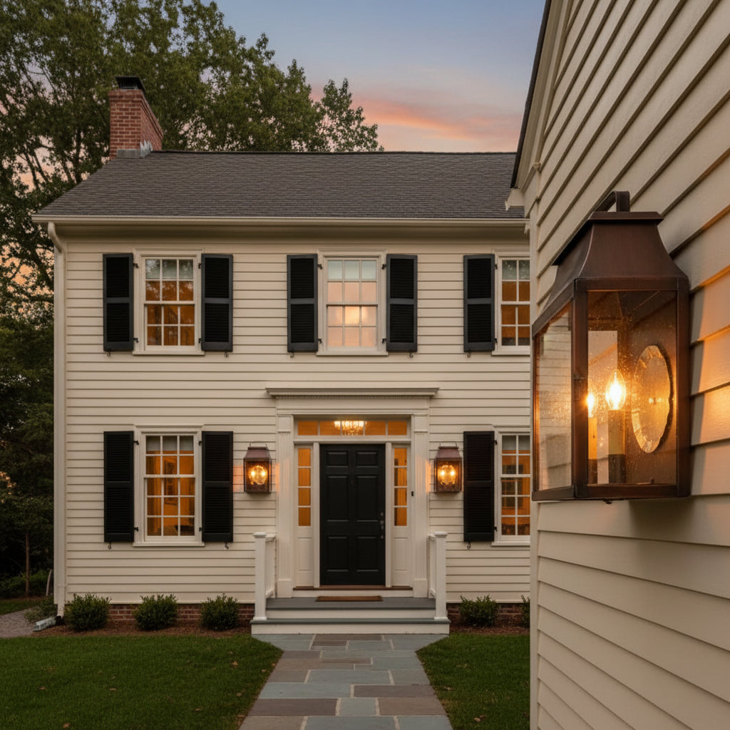 An outdoor wall light fixture with a solid antique copper finish, featuring a blackened solder and lacquer coating, mounted on a colonial home.