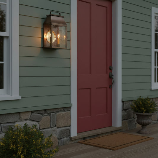 Colonial brass wall light with two candelabra bulbs and bubbly glass on colonial home.