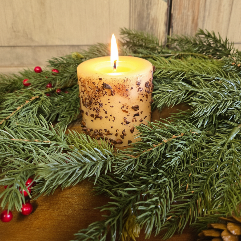 Candle with a wooden base surrounded by greenery and red berries on a wooden surface.