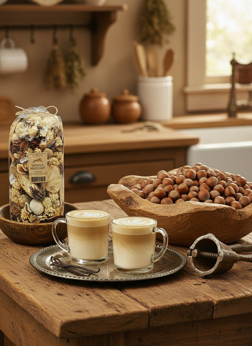 Two cups of coffee on a wooden table with a jar of dried fruits and a bowl of nuts.