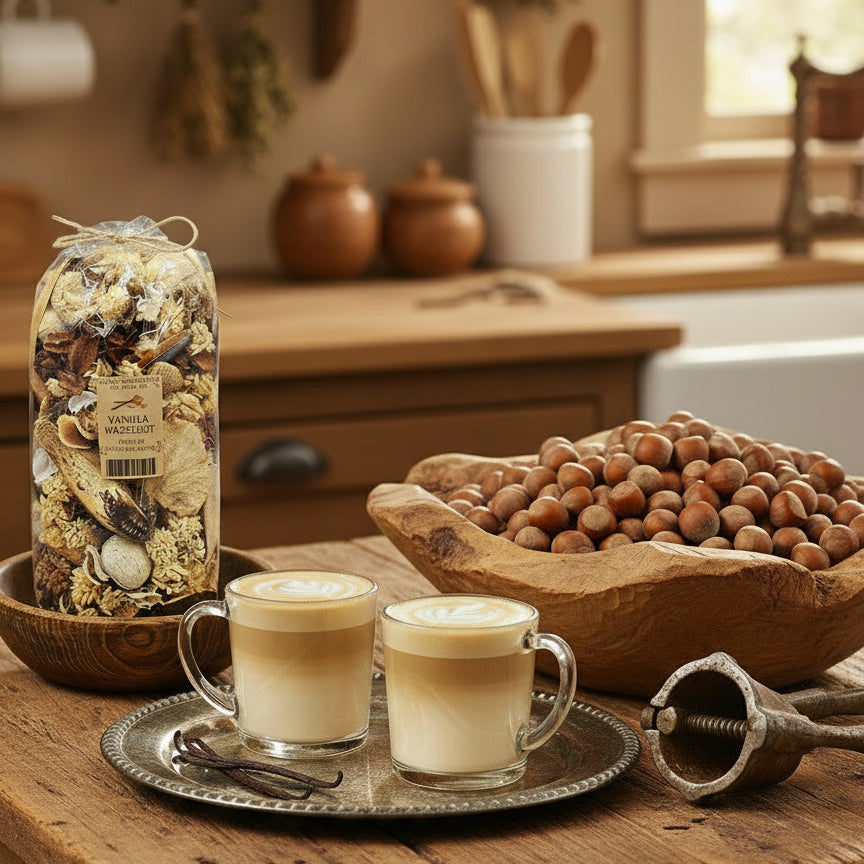 Two cups of coffee on a wooden table with a jar of dried fruits and a bowl of nuts.