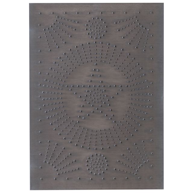 A pierced metal panel with a geometric pattern featuring stars and circles in a kettle black finish.