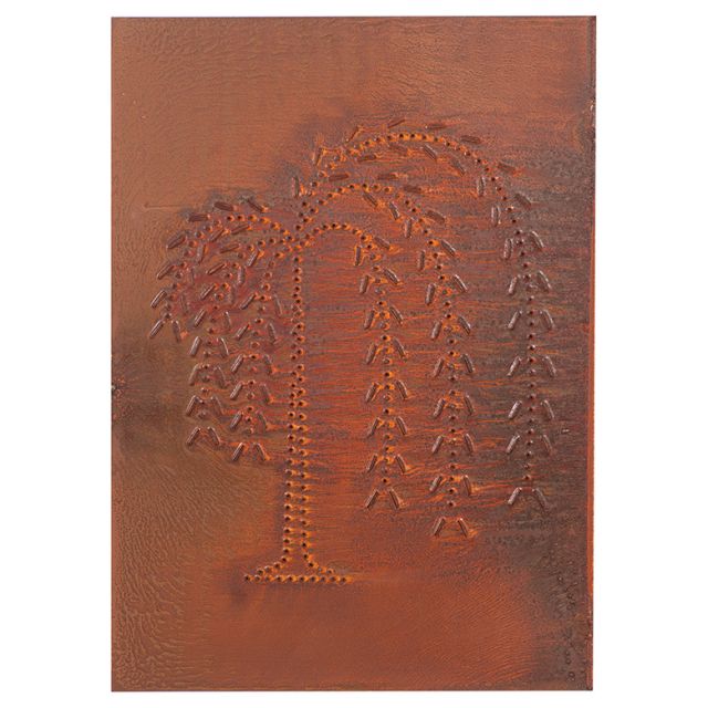 A rectangular panel with a rustic tin finish, featuring a vertical willow design, handcrafted in the USA.