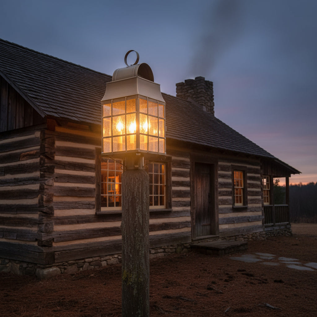 Weathered brass lantern with antique seedy glass and three internal light sockets, designed to fit a 3-inch diameter post mounted on post in front of log cabin home.
