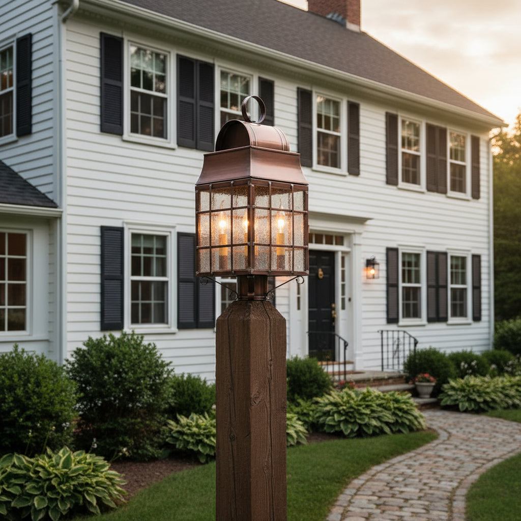 Antique copper post light with bars and seeded glass panels, designed to fit a 3-inch diameter post, featuring three visible light sockets mounted on post in front of two story colonial home.