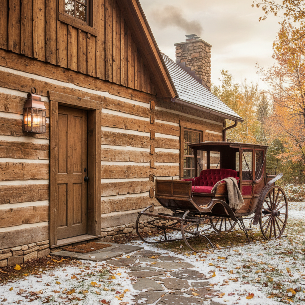 Wooden cabin with a vintage carriage in a snowy landscape