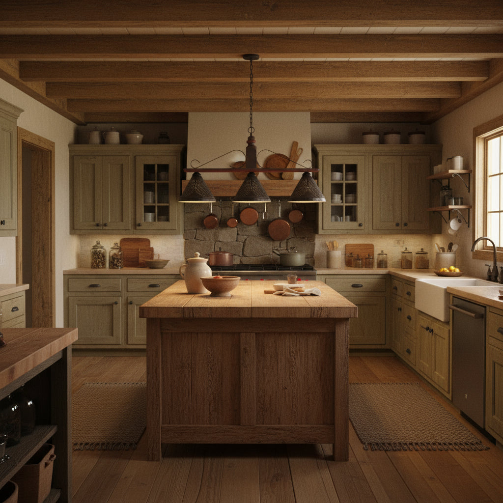 Three-light bronze pendant lamp with tin shades hanging over island in primitive kitchen.