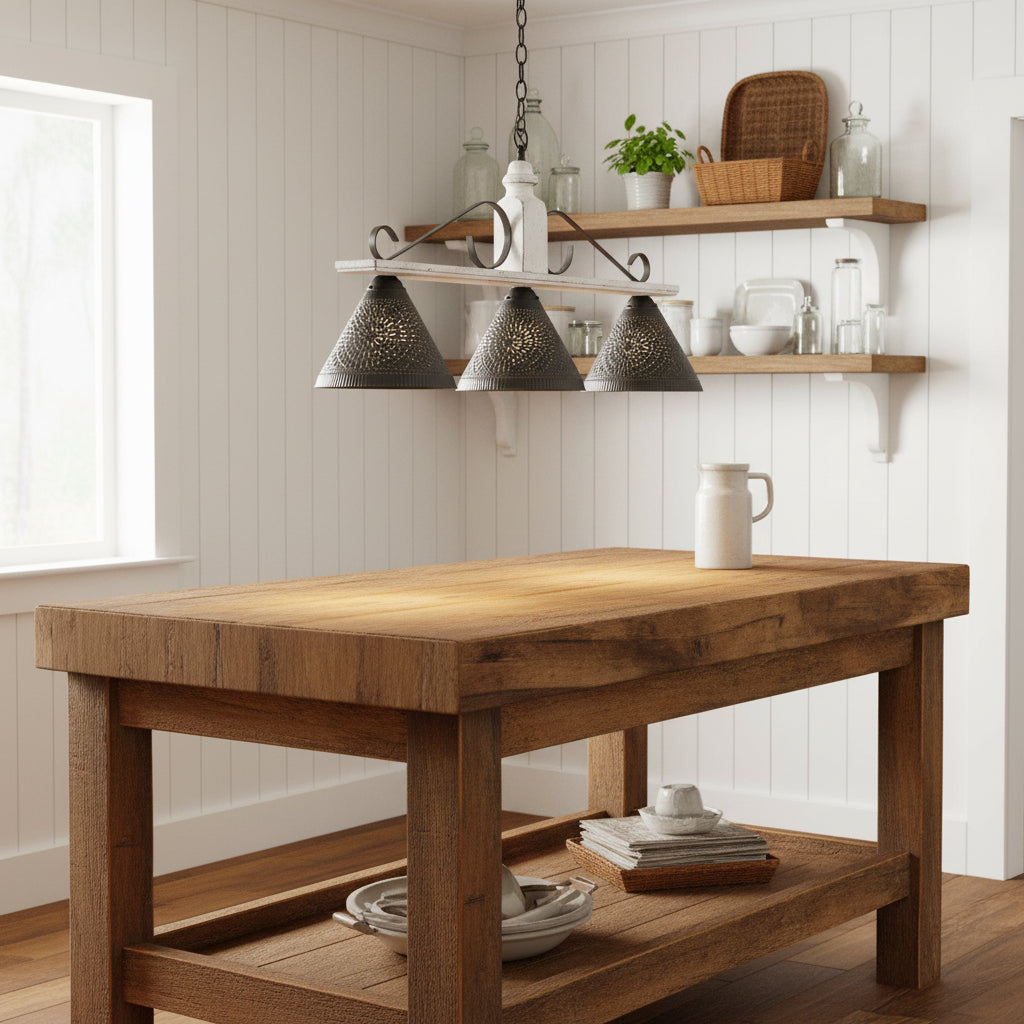 Vintage-style pendant light with three punched tin shades hanging over farmhouse island in kitchen.