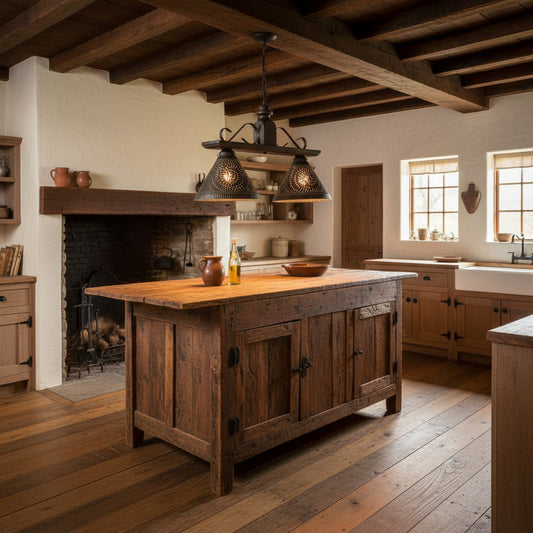 Wooden island pendant light with two punched tin shades in black finish hanging over island in primitive kitchen.