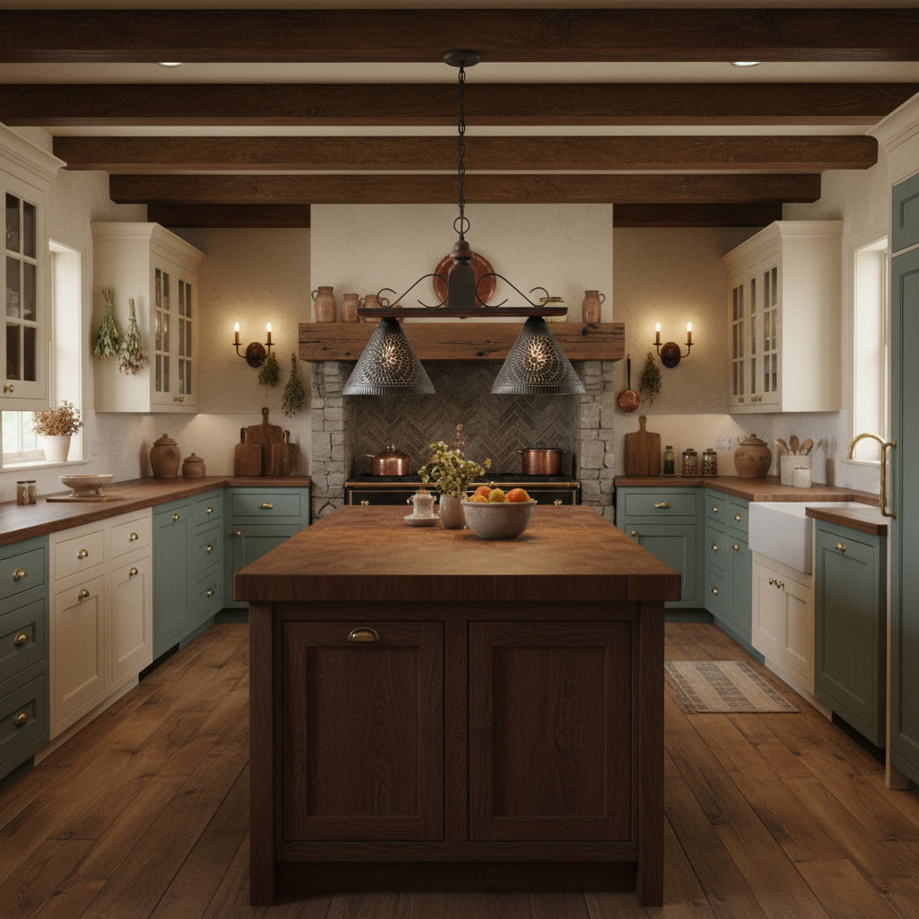 A medium-sized island light fixture with a heavy wood crossbar and wrought iron scroll brackets, accented with Kettle Black shades hanging over kitchen island.