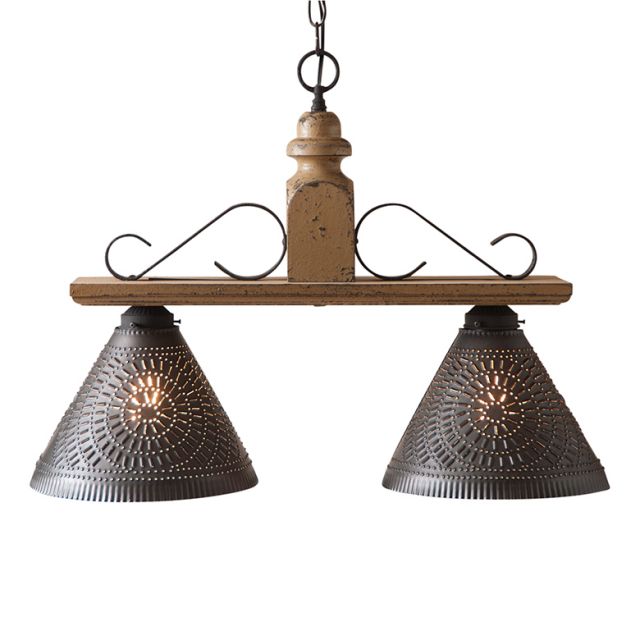 Vintage-style pendant light with wooden fixture and metal shades on a white background