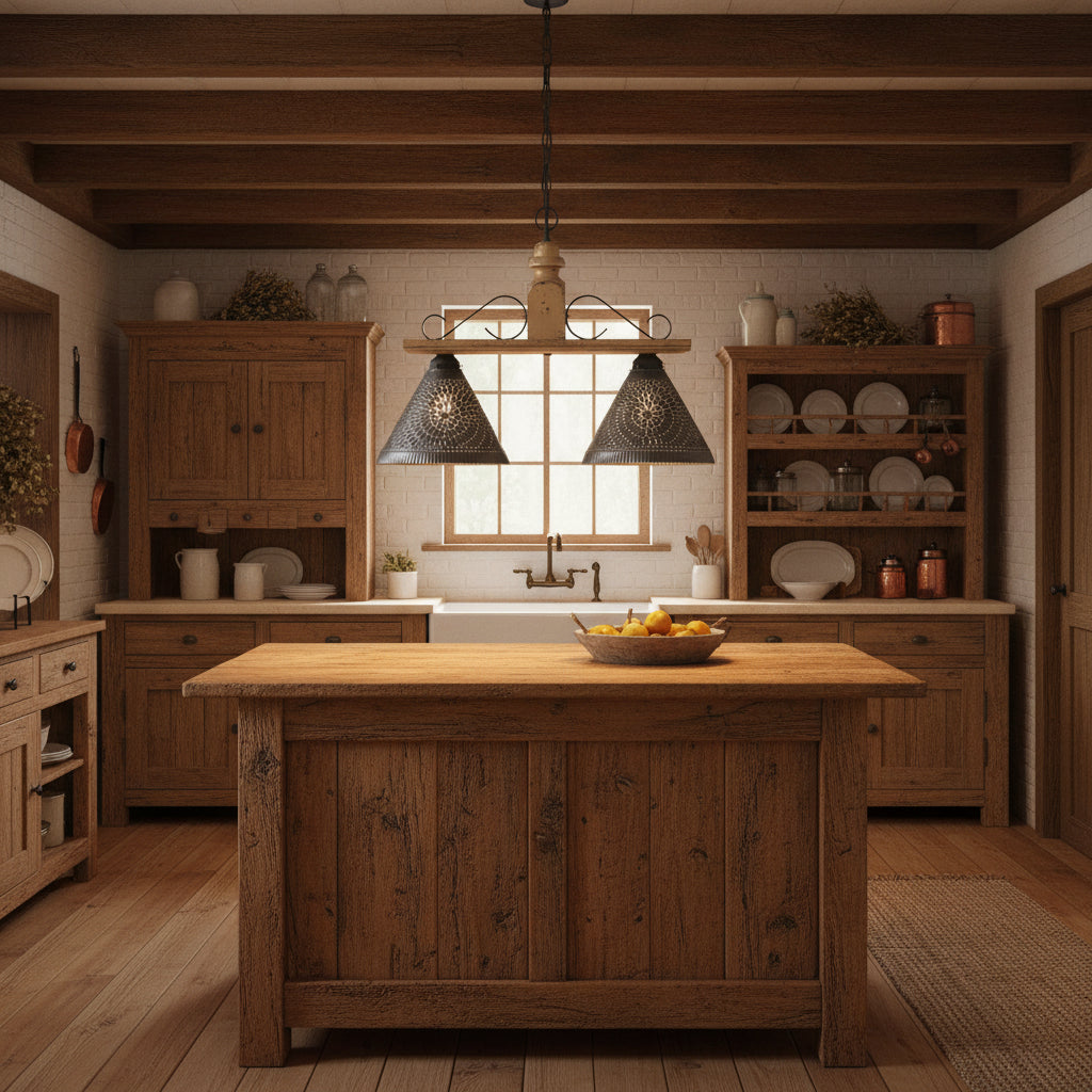 Vintage-style pendant light with wooden fixture and metal shades hanging in a primitive kitchen over an island.