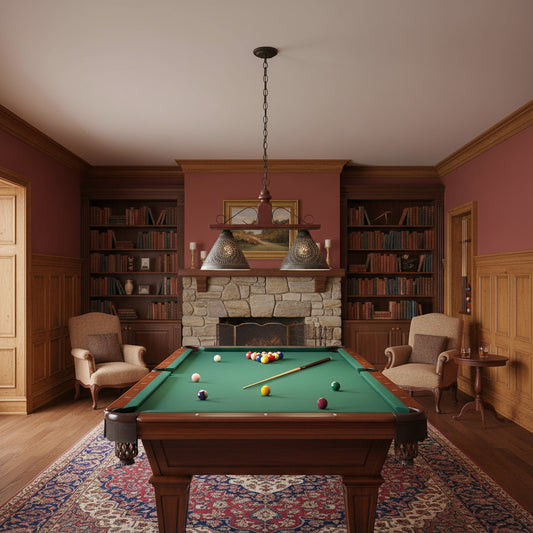 Two light pendant light with punched tin shades in plantation red finish hanging over a pool table.