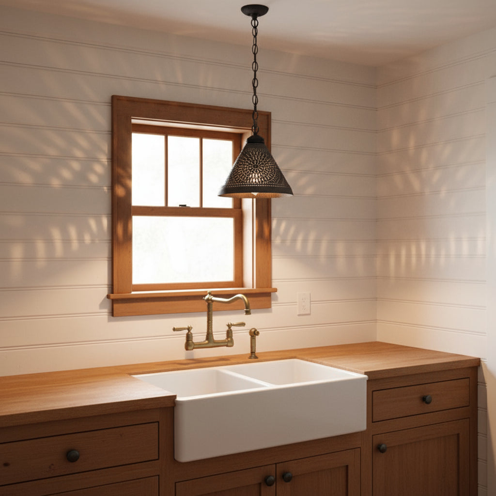 Decorative pendant light with intricate design hanging over kitchen sink in primitive home.
