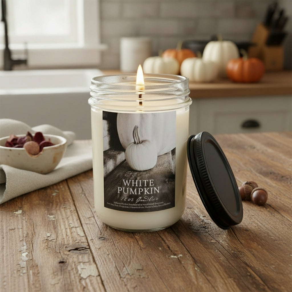 Candle labeled 'White Pumpkin' on a wooden surface