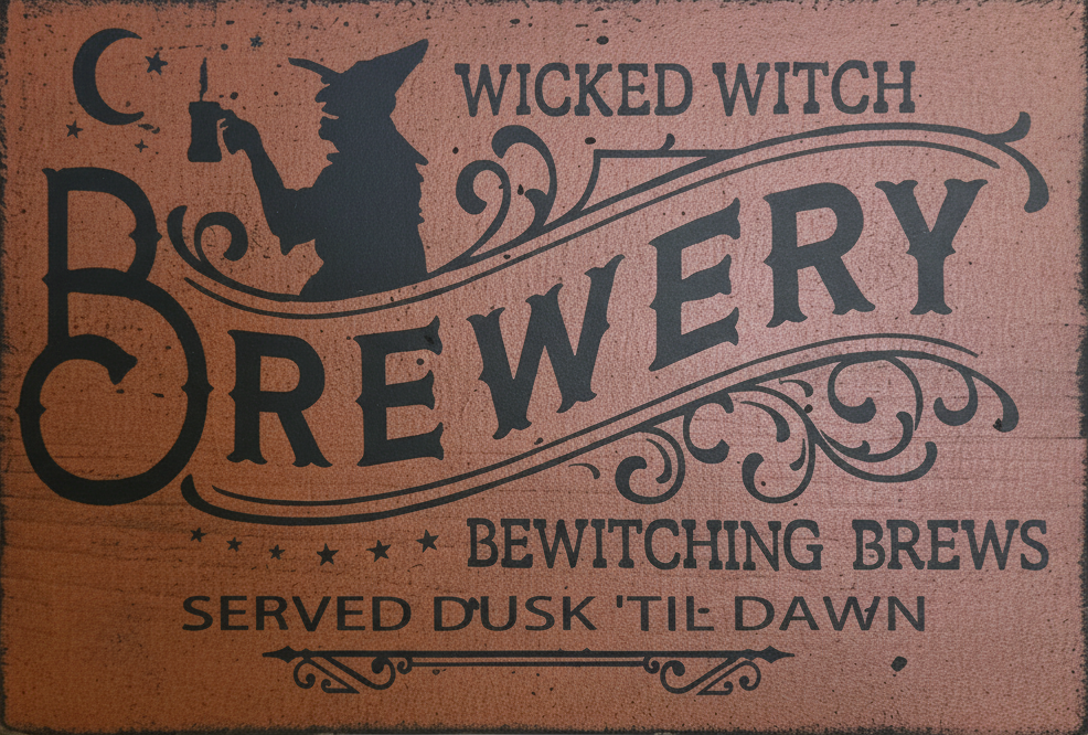 Wood sign with 'Wicked Witch Brewery' design featuring a witch silhouette.