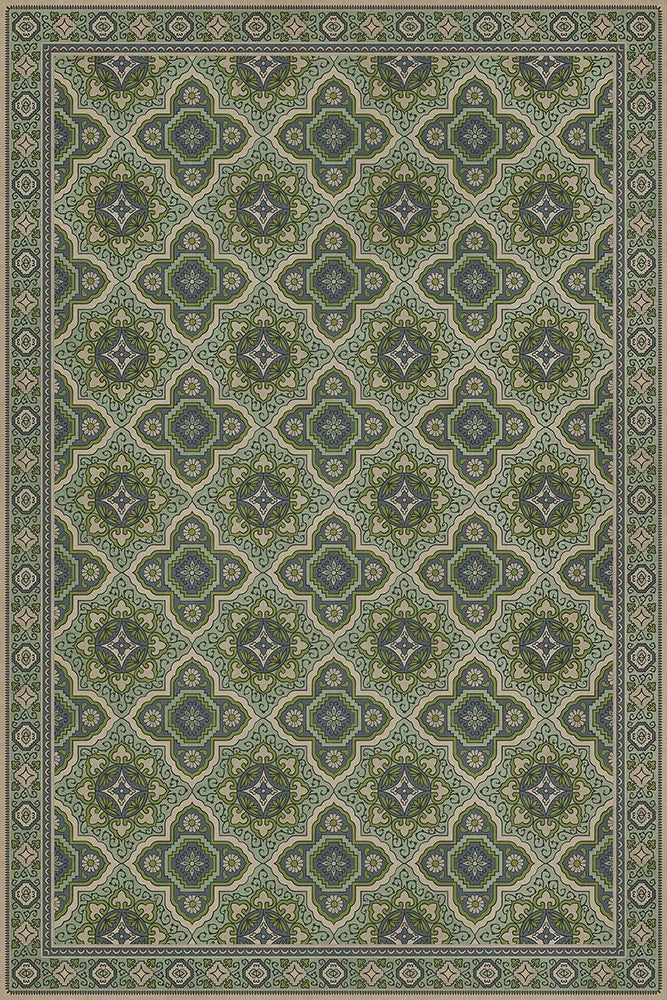 A 24x36 inch vinyl floor cloth with a green floral pattern and a border.