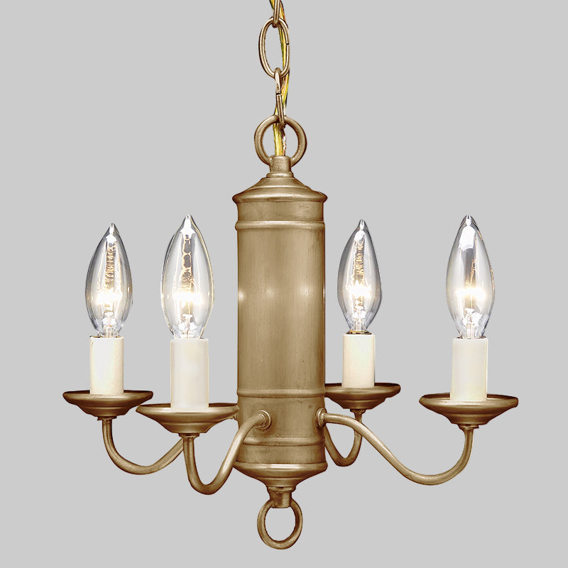 Bronze chandelier with four candle-style lights on a white background