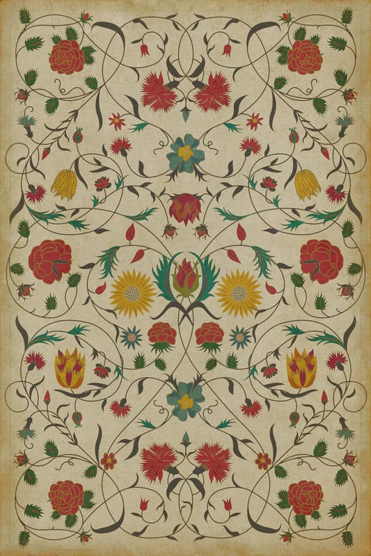 A 24x36 inch vinyl floor cloth with a floral pattern featuring various flowers in red, yellow, and green colors on a beige background.
