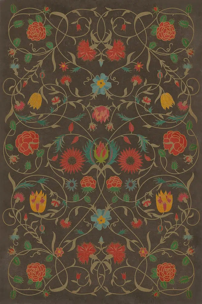 A 24x36 inch vinyl floor cloth with a floral pattern featuring Susannah design.