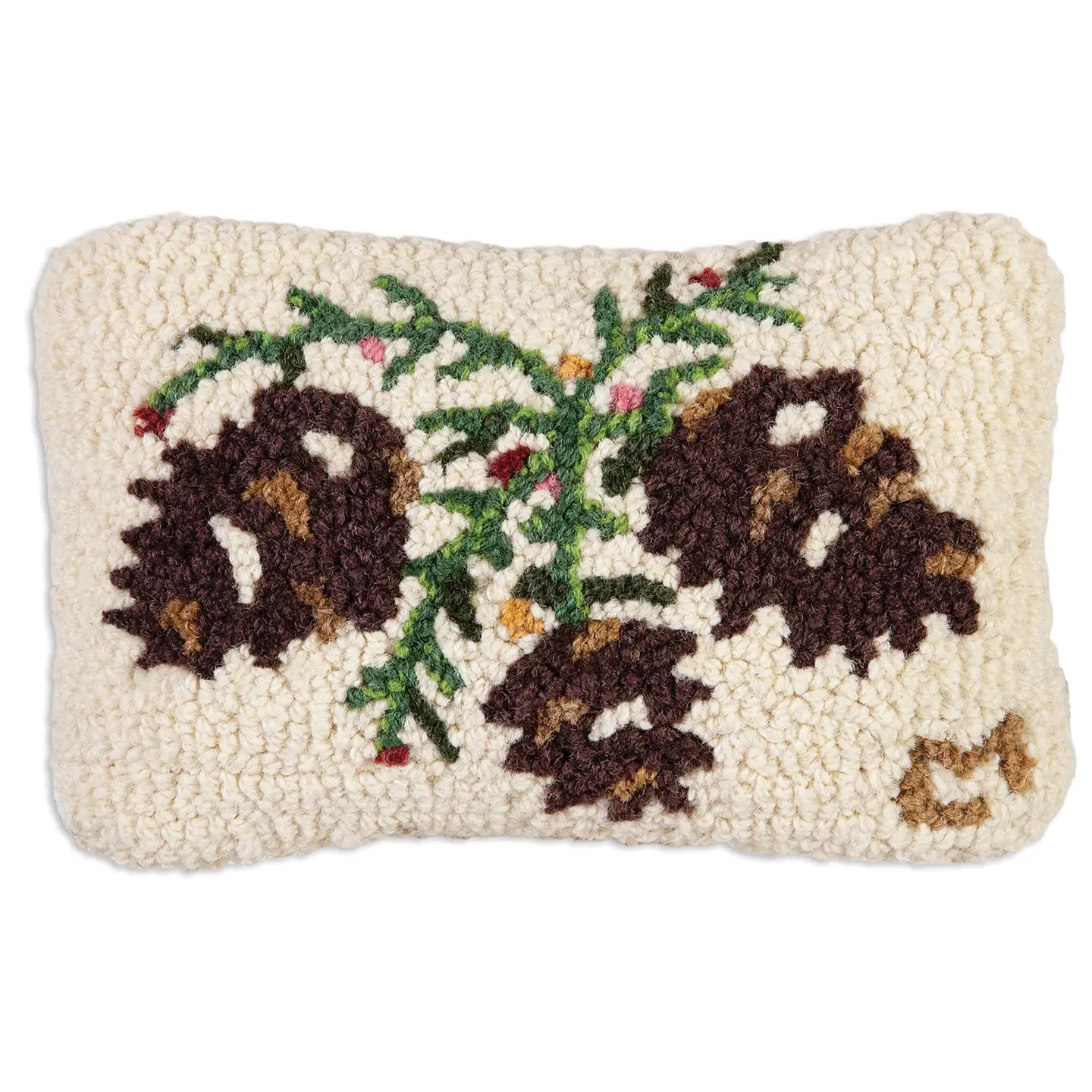 Winterberry Cones Hooked Pillow