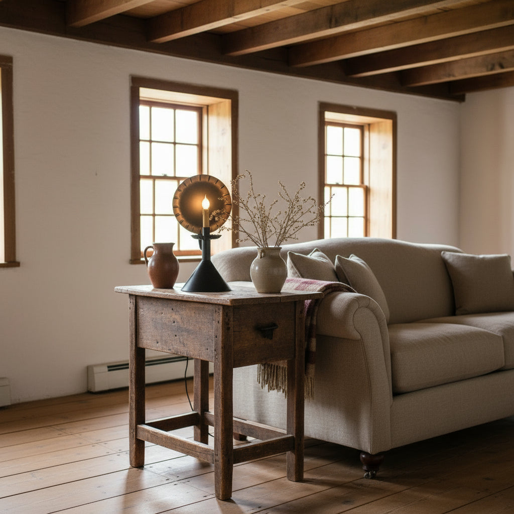 Black decorative candle holder with a lit candle on a light background