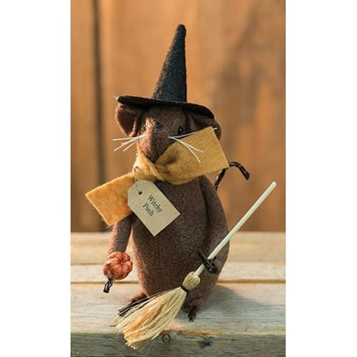 Witchy poo mouse with black hat holding broomstick and a pumpkin