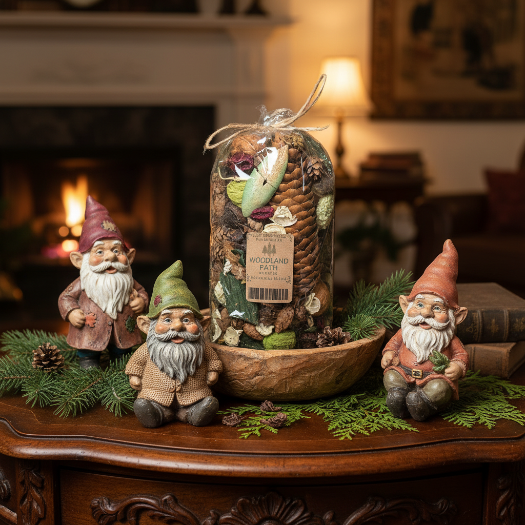 Decorative gnomes and a potpourri bag on a wooden surface with a warm, homey background.