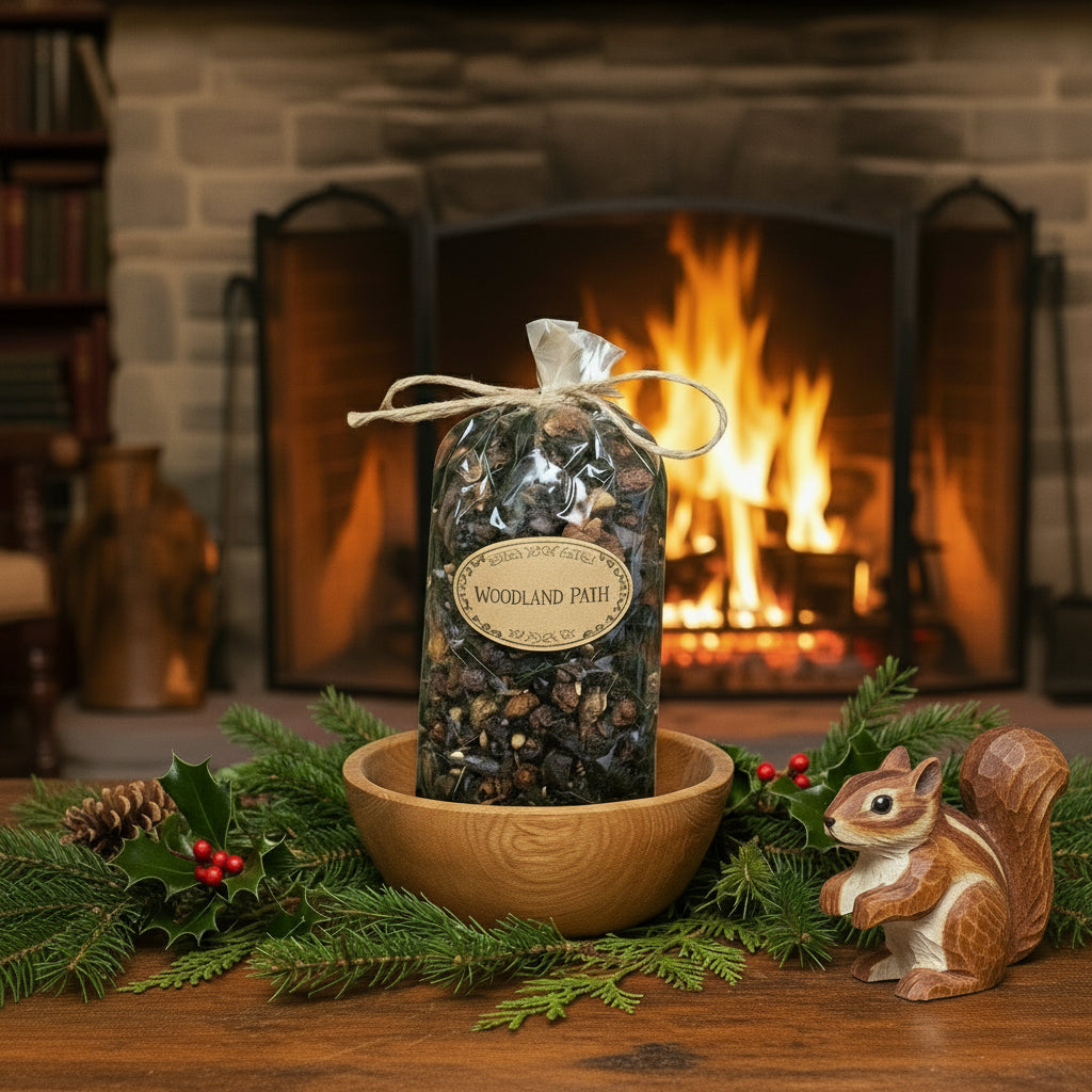Bag of 'Woodland Path' potpourri in front of a fireplace with decorative elements.