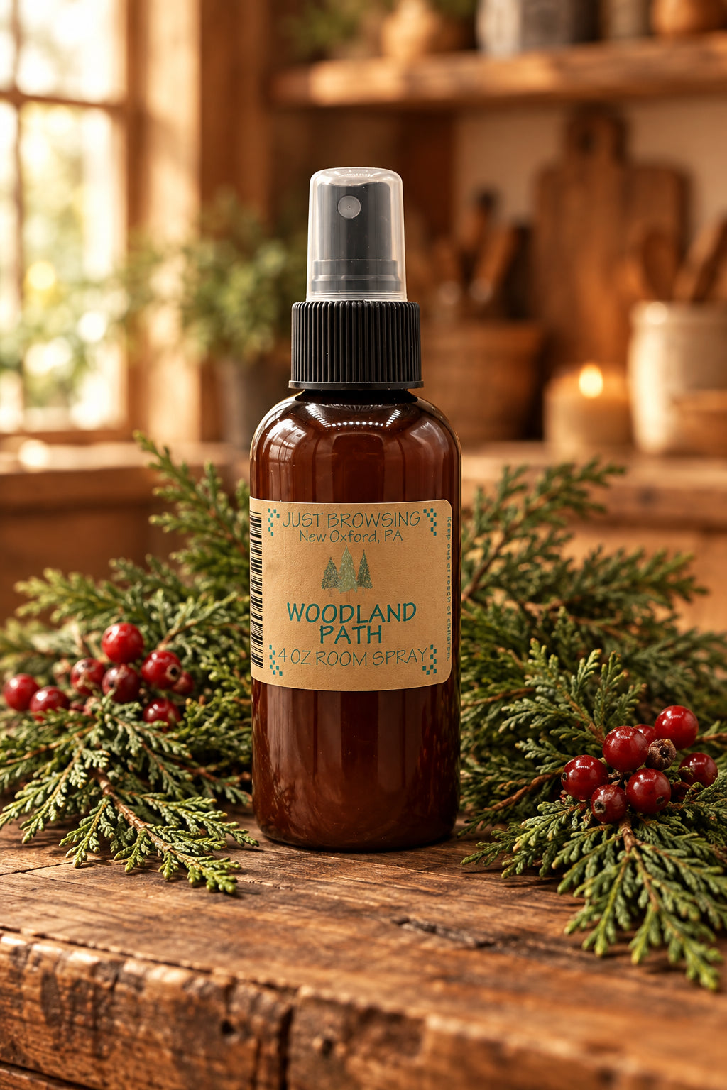 A 4oz bottle of Woodland Path room spray with a mist spray top. The label features the product name and a description 'Wood and pine with hints of sap.