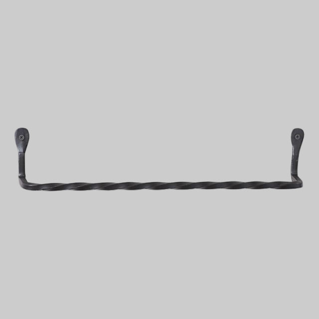 A 16-inch wrought iron towel bar with a twisted design, featuring a black matte finish and mounted on a wall.