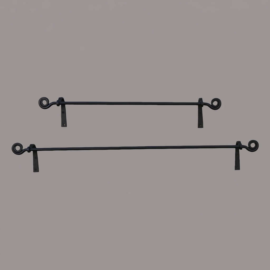 Two black wrought iron towel bars with mounting brackets, set against a grey background.