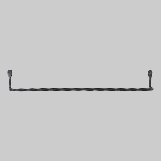 A 24-inch wrought iron towel bar with a twisted design, featuring a black matte finish.