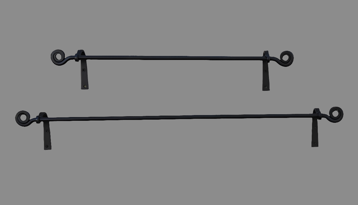 A 24 inch wrought iron towel bar with a black powder-coated finish, featuring a slightly glossy appearance. The towel bar is displayed in a curved position, showing the loops at each end for hanging.