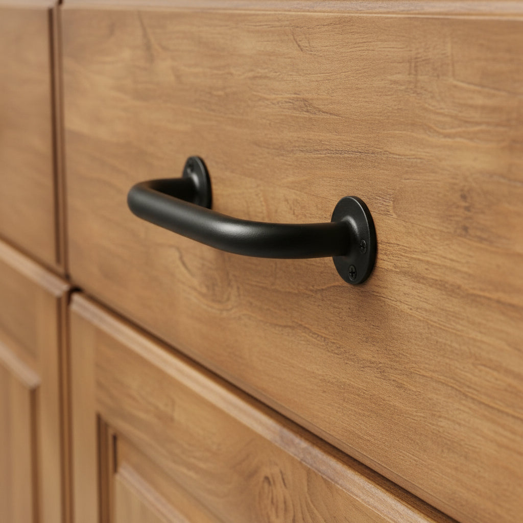 A wrought iron cabinet pull handle with a matte black finish, featuring a traditional, rustic design.