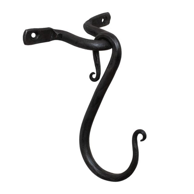 A wrought iron ceiling/wall hook with a curved design, black in color, with mounting holes on the top.