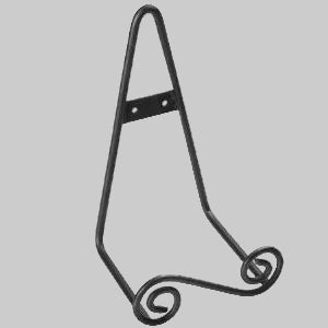 A black wrought iron plate stand with a vertical support and curved feet.