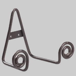 A black wrought iron plate stand with a A-frame design.
