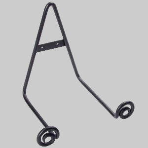 A black wrought iron plate stand with a bowl holder design.