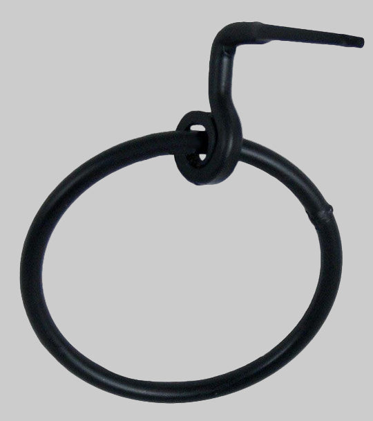A black wrought iron hanging towel ring with a powder-coated finish.