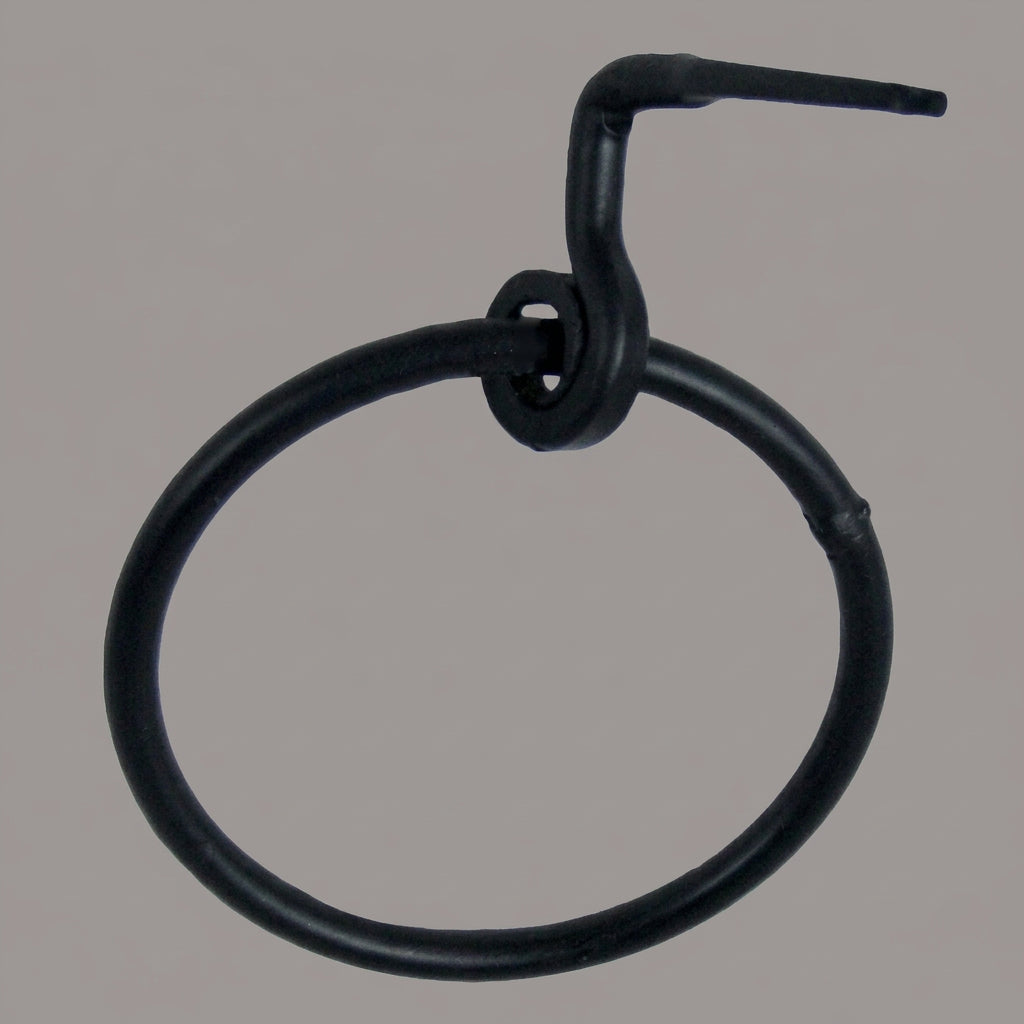 A black wrought iron hanging towel ring with a powder-coated finish.