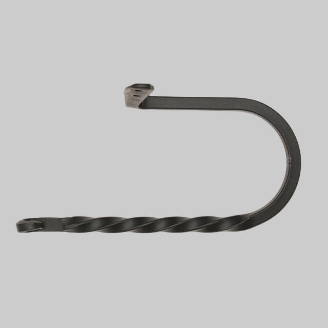 A black wrought iron twisted toilet paper holder with a matte finish, hand forged and made in the USA.