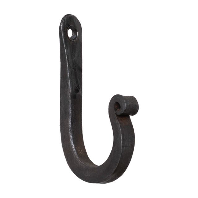 A wrought iron wall hook with a black antique finish, featuring a curved hook and a mounting hole at the top.