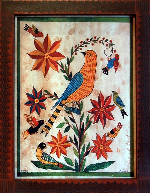 A colorful artwork featuring birds and flowers, predominantly in yellow and blue, on a traditional fraktur background.